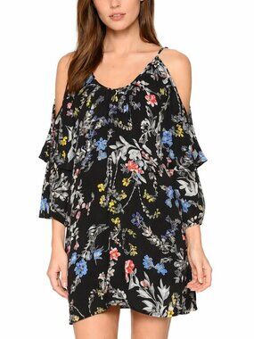 Parker Agave 100% Silk Cold Shoulder Floral Mini Dress Small Woodland Fairycore